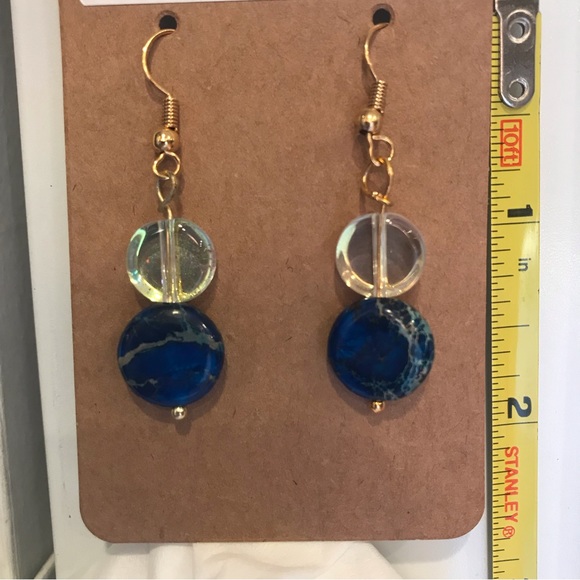 Hand Crafted Earrings w/ blue & clear beads that dangle from gold color wire - Picture 5 of 6